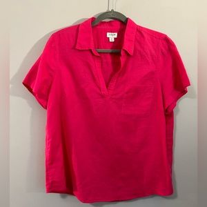 J. Crew Cotton linen short sleeves v neck collared shirt top. Fuchsia pink. Sz M
